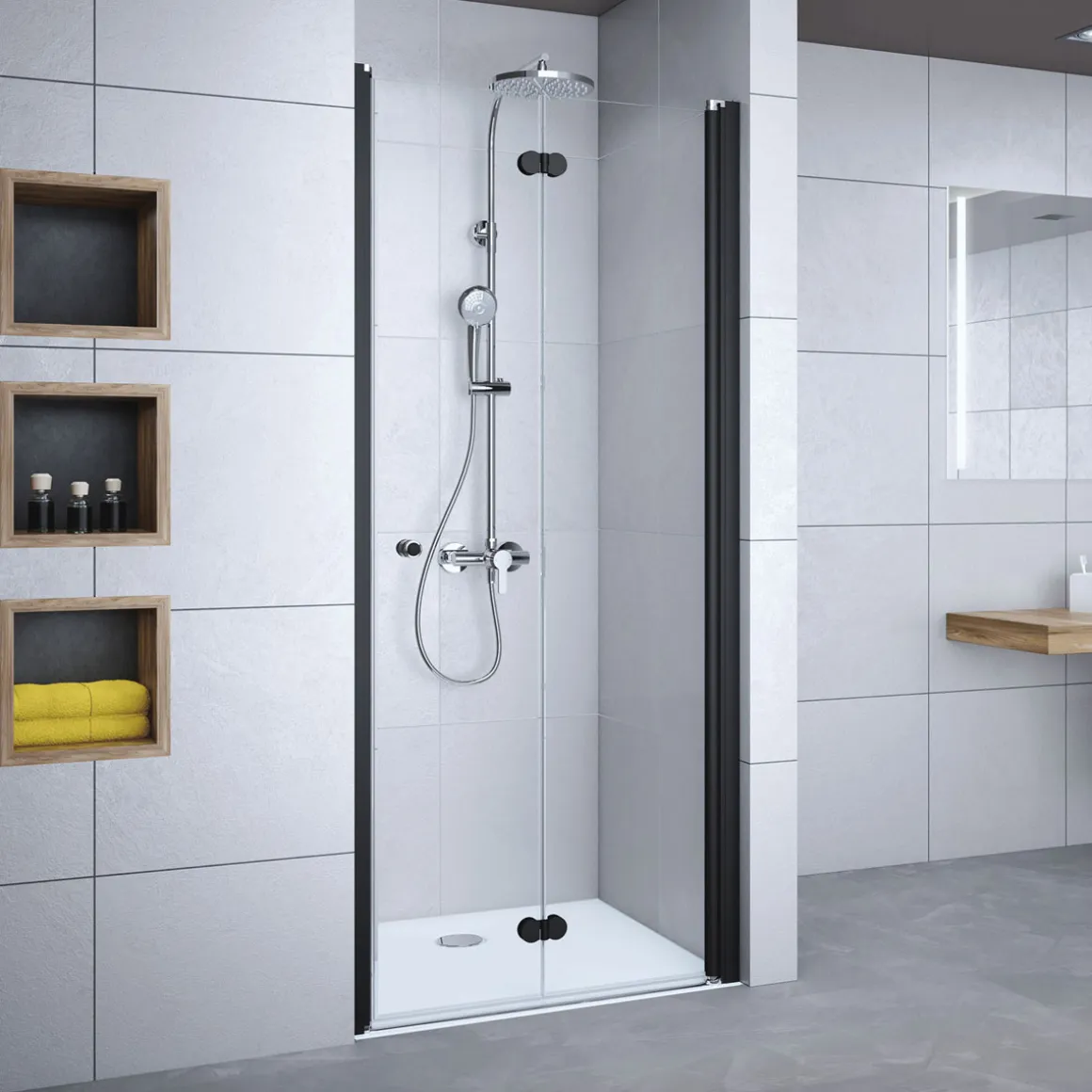 Breuer Drehfalttür Elana Komfort für Nische Anschlag rechts schwarz matt Klarglas 900 mm