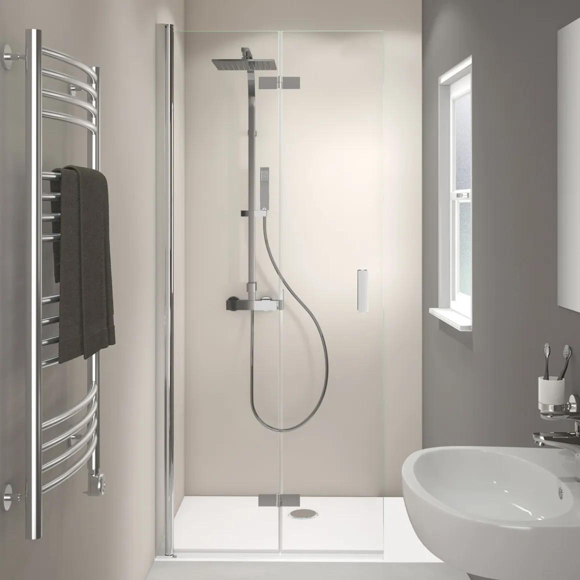 Breuer Drehfalttür Panorama alleinstehend Anschlag links alu chromeffekt grau getönt 1200 mm