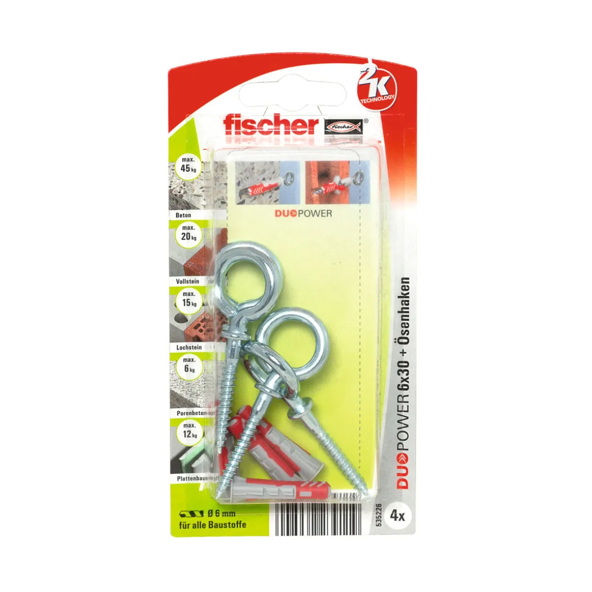 Fischer Dübel DuoPower 6 x 30 mm mit Ösenhaken 4 Stück