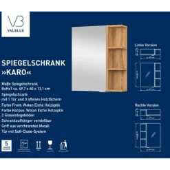 Gäste Spiegelschrank Karo Wotan Eiche, 1 Tür, 4 offene Fächer, 2 Glaseinlegeböden, B50cm