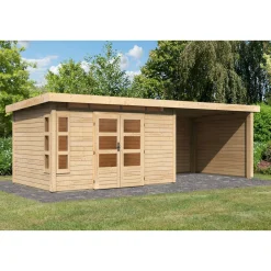 Karibu Blockbohlenhaus Kastorf 6 naturbelassen mit Anbaudach und Seiten