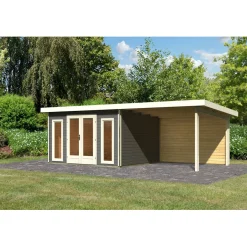 Karibu Blockbohlenhaus Radeburg 2 terragrau mit Anbaudach und Rückwand