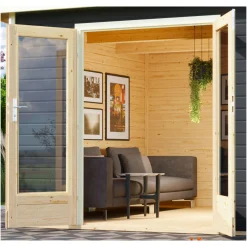 Karibu Blockbohlenhaus Radeburg 1 terragrau mit Anbaudach und Rückwand