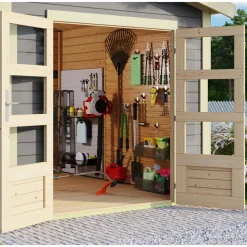 Karibu Blockbohlenhaus Theres 3 terragrau mit Dachausbauelement