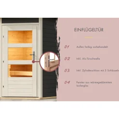 Karibu Saunahaus- Set „Mikka“ terragrau mit Ofen 9 kW Bio ext. Steuerung