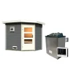 Karibu Saunahaus- Set „Mikka“ terragrau mit Ofen 9 kW ext. Steuerung
