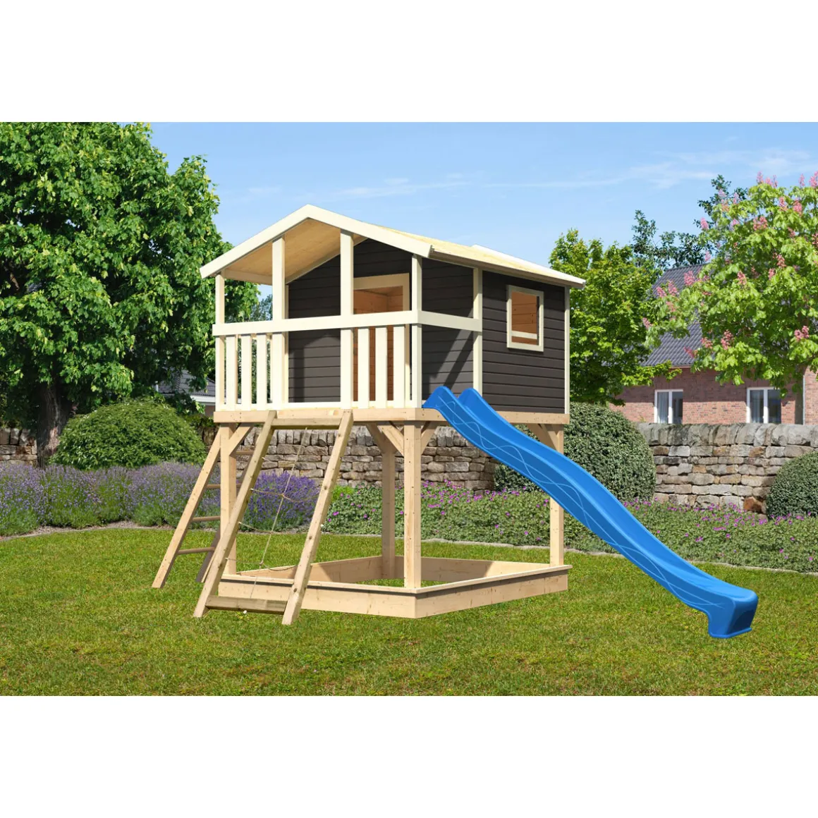 Karibu Stelzenhaus Benjamin natur inkl Rutsche blau und Netzrampe