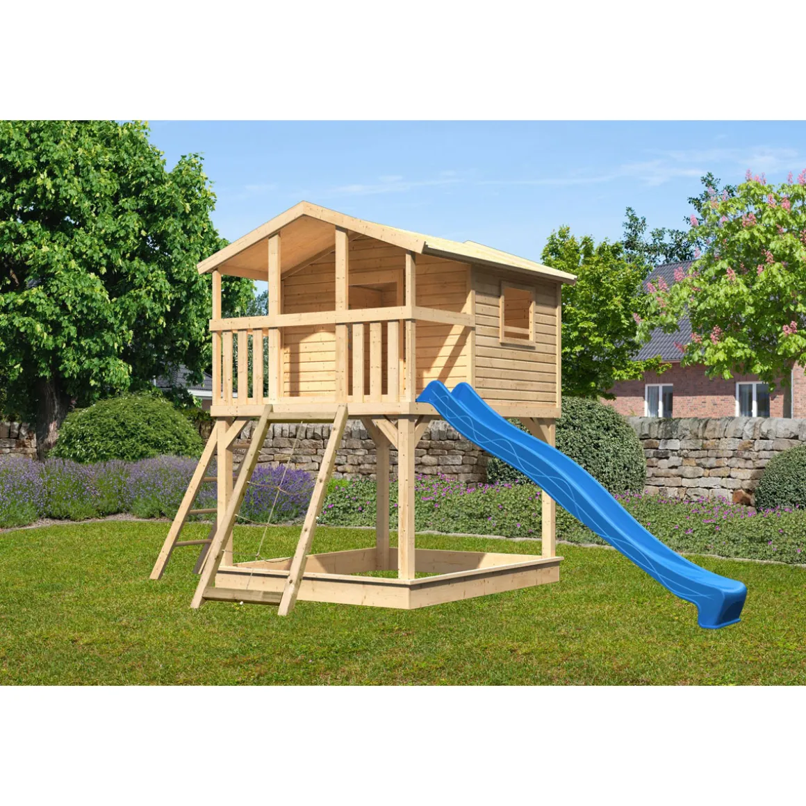 Karibu Stelzenhaus Benjamin natur inkl Rutsche blau und Netzrampe