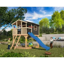 Karibu Stelzenhaus Benjamin terragrau inkl Rutsche blau