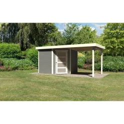 Karibu Gartenhaus Schwandorf 3/5 mit Anbaudach 220 cm 242 x 246 x 218 cm grau