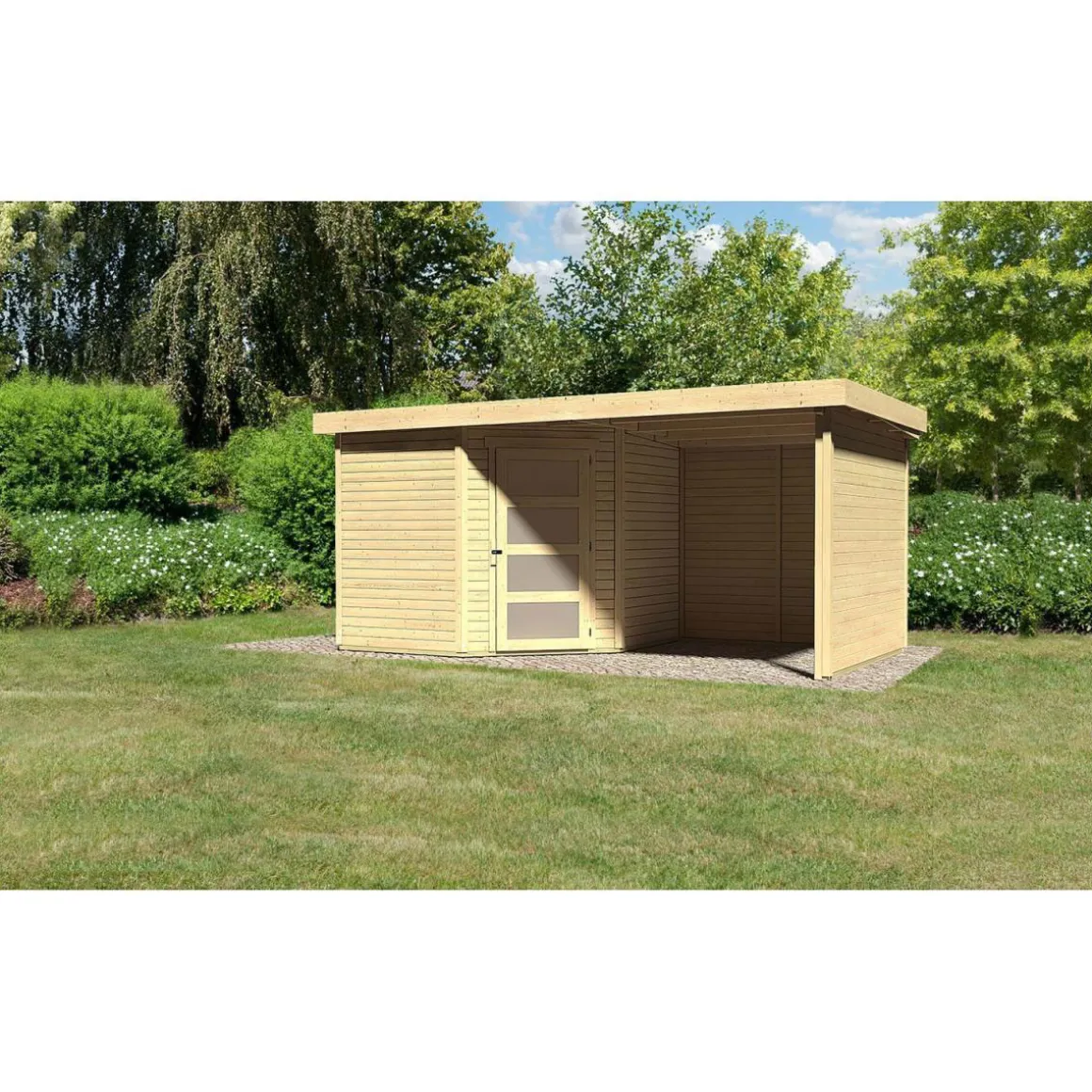 Karibu Gartenhaus Schwandorf 3/5 mit Anbaudach 220 cm und Seiten-/Rückwand 462 x 246 x 218 cm braun