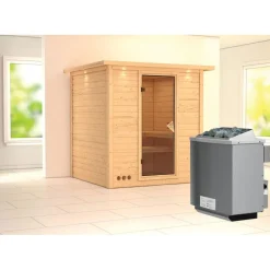 Karibu Massivholzsauna Mojave 40 mm 9 kW Ofen integr Strg mit Kranz