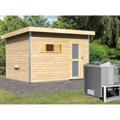 Karibu Saunahaus Skrollan 2 38 mm 9 kW Bio Ofen externe Strg moderne Tür