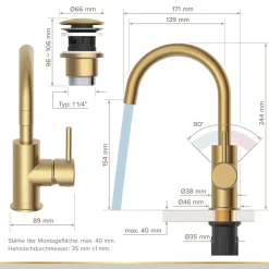 LENZ Waschtischarmatur Moana Easy-Clean Gold