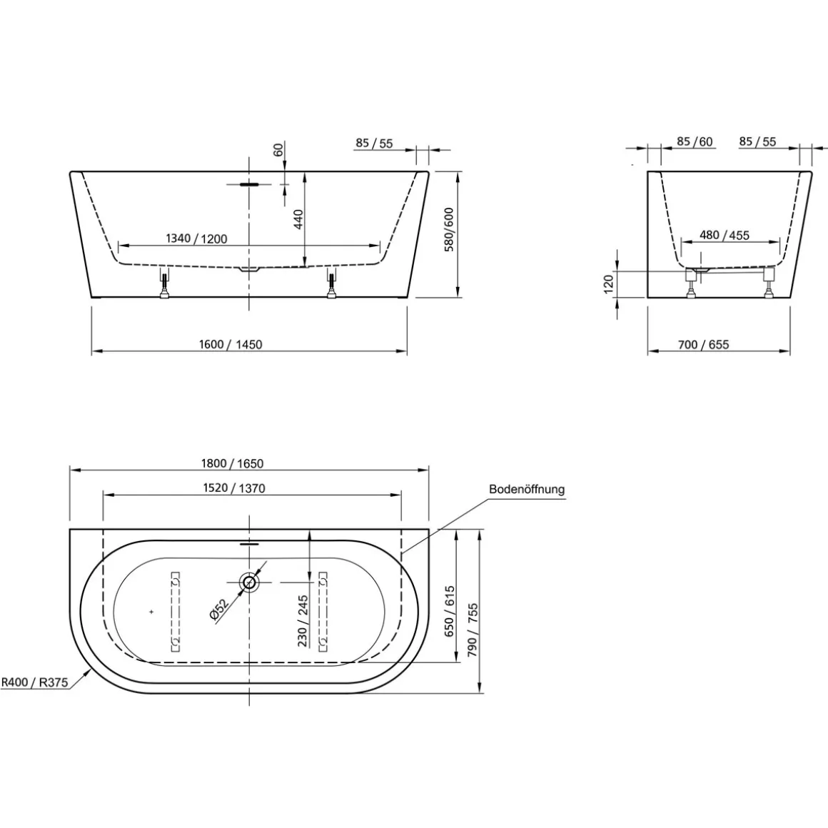 Ottofond Badewanne Modena XS 165 x 75 cm weiß