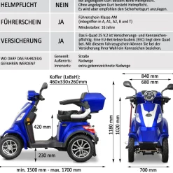 Rolektro E-Quad 25, Blau, 60V-20Ah Bleigel Akku, 1000 Watt
