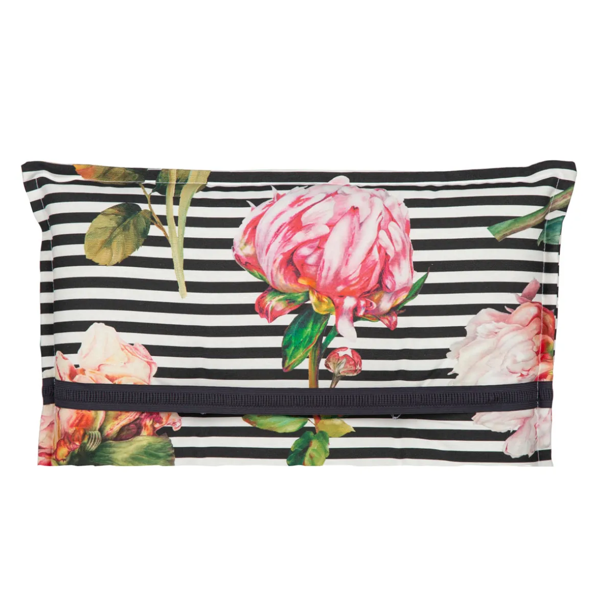 Saumauflage Toronto BE129 Niederlehner rosé/pinke Pfingstrosen auf schwarz-weißen Streifen