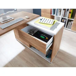 Schreibtisch Lionel mit integriertem Sideboard 120 x 75 x 117 cm weiß/Navarra-Eiche-Nachbildung