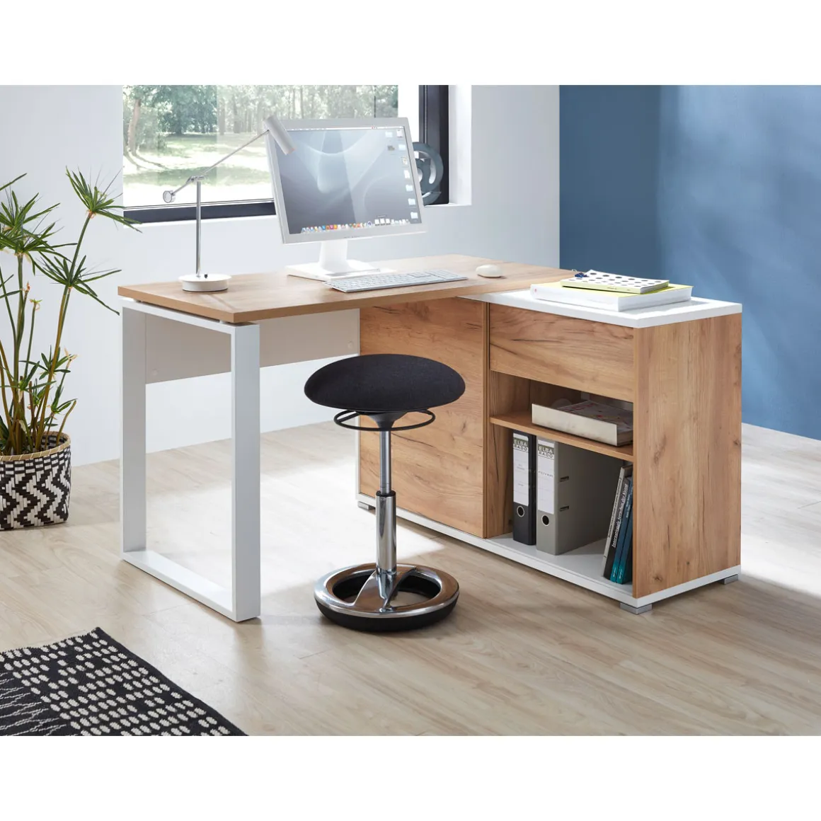 Schreibtisch Lionel mit integriertem Sideboard 120 x 75 x 117 cm weiß/Navarra-Eiche-Nachbildung