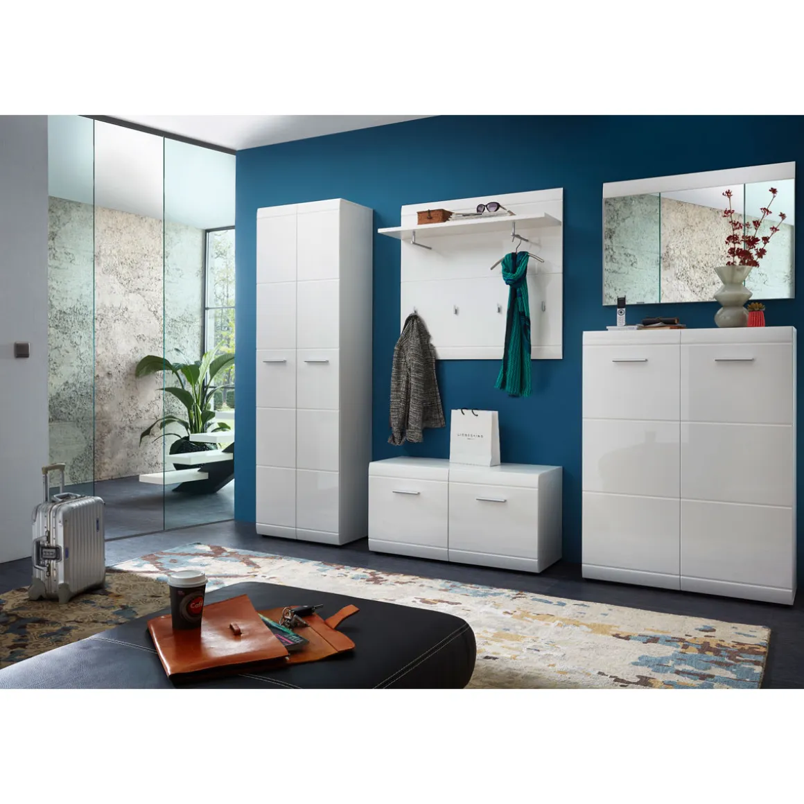 Schuhbank Adison Fronten in Hochglanz mit Rillenfräsung 96 x 51 x 39 cm weiß