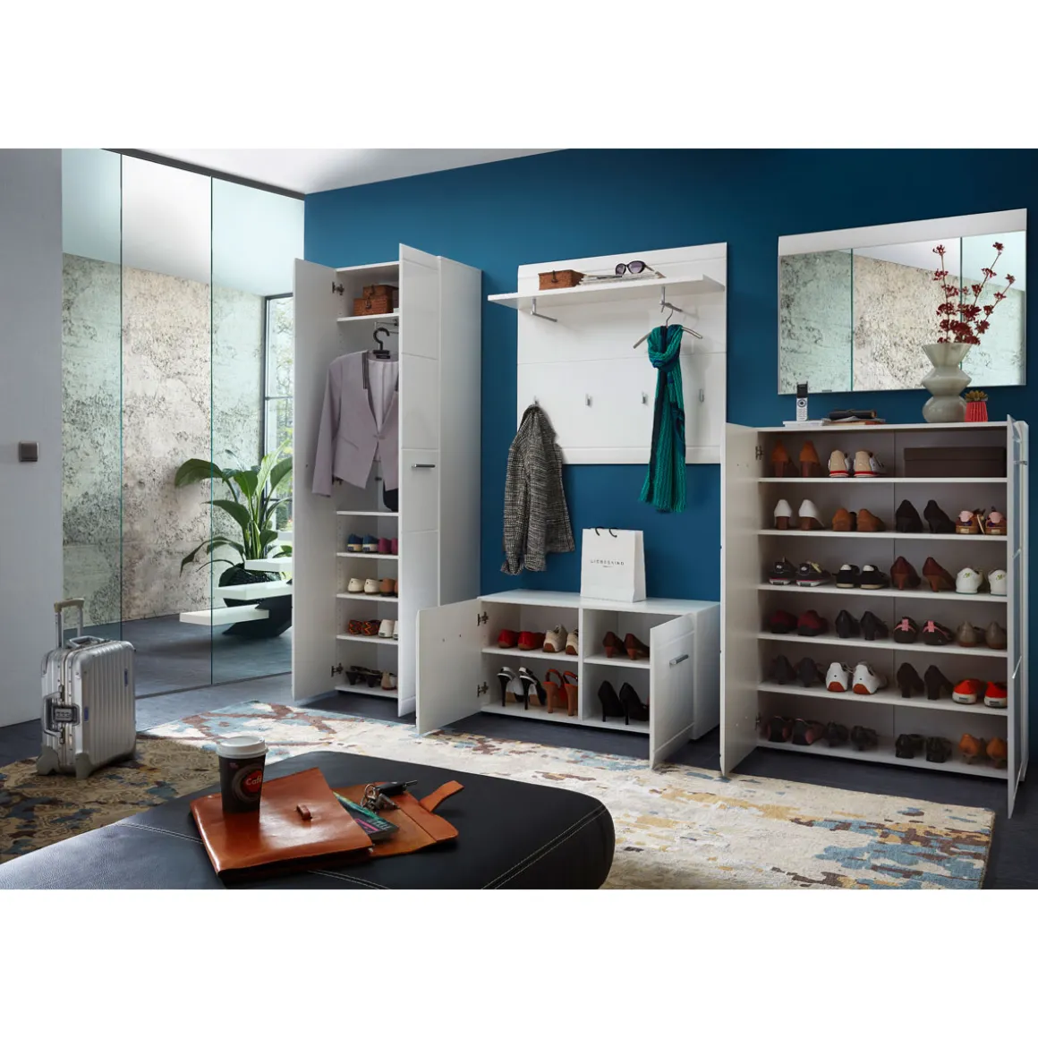 Schuhbank Adison Fronten in Hochglanz mit Rillenfräsung 96 x 51 x 39 cm weiß