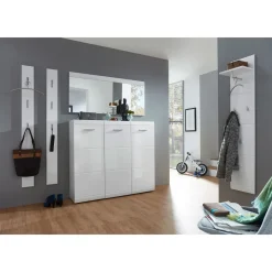 Schuhschrank Adison Fronten in Hochglanz mit Rillenfräsung 134 x 120 x 36 cm weiß