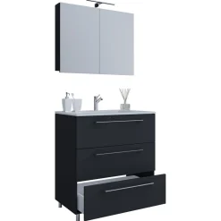 Stand-Waschplatz 80 cm 3-teilig 3 Schubfächer mit Spiegelschrank schwarz