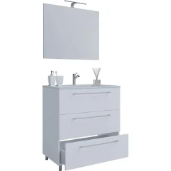 Stand-Waschplatz 80 cm 3-teilig 3 Schubfächer mit Spiegel weiß