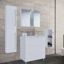 Stand-Waschplatz 80 cm 5-teiliges Set 3 Schubfächer mit Spiegelschrank weiß