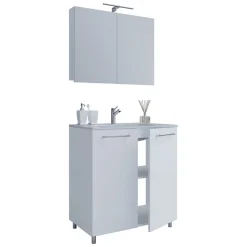 Stand-Waschplatz 80 cm 3-teilig 2 Türen mit Spiegelschrank weiß