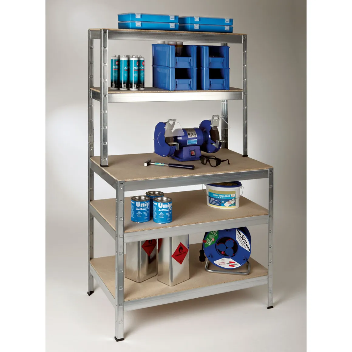 Stecksystem-Stufenregal Metall 5 Holzböden HxBxT 1800 x 100 x 300/600 cm