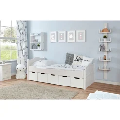 Ticaa Einzelbett Leni Kiefer weiß mit 5er Schubkästen 90 x 200 cm