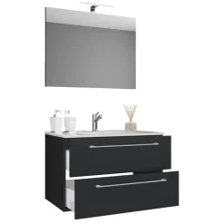 Waschplatz 80 cm 3-teilig 2 Schubfächer mit Spiegel schwarz