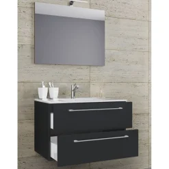 Waschplatz 80 cm 3-teilig 2 Schubfächer mit Spiegel schwarz