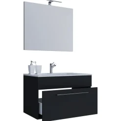 Waschplatz 80 cm 3-teilig 1 Schubfach mit Spiegel schwarz
