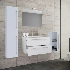 Waschplatz 80 cm 5-teiliges Set 2 Schubfächer mit Spiegel weiß