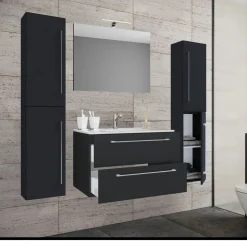 Waschplatz 80 cm 5-teiliges Set 2 Schubfächer mit Spiegel schwarz