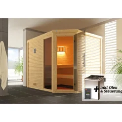 Weka Premium Massivholz-Sauna Turku Eck Größe 3 Sparset 7,5 kW Bio S