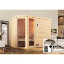 Weka Premium Massivholz-Sauna Turku Eck Größe 3 Sparset 7,5 kW Bio S Glastuer