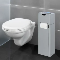 Wenko 6 in 1 Stand WC-Garnitur Imon Grau matt integrierter Toilettenpapierhalter WC-Bürstenhalter Ersatzrollenhalter Stauraumfächer und Ablage