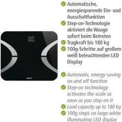 Wenko Analysewaage LED mit Bluetooth Schwarz Körperfettwaage