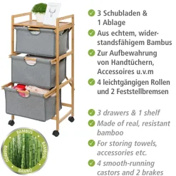 Wenko Haushaltswagen mit 3 Schubladen Bahari aus Bambus Wäschewagen aus Bambus