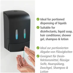 Wenko 2-Kammer Desinfektionsmittel- und Seifenspender Tartas Schwarz Seifen-Dosierer und Desinfektionsspender Füllmenge je Kammer 480 ml