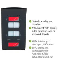 Wenko 2-Kammer Desinfektionsmittel- und Seifenspender Tartas Schwarz Seifen-Dosierer und Desinfektionsspender Füllmenge je Kammer 480 ml