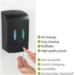 Wenko 2-Kammer Desinfektionsmittel- und Seifenspender Tartas Schwarz Seifen-Dosierer und Desinfektionsspender Füllmenge je Kammer 480 ml