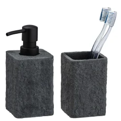 Wenko Seifenspender und Zahnputzbecher Villata Grau 2-teiliges Set