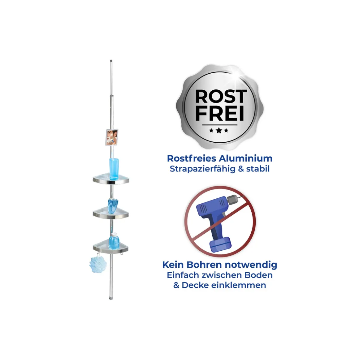 Wenko Teleskop Duschecke Premium glänzend mit 3 Ablagen und Spiegel