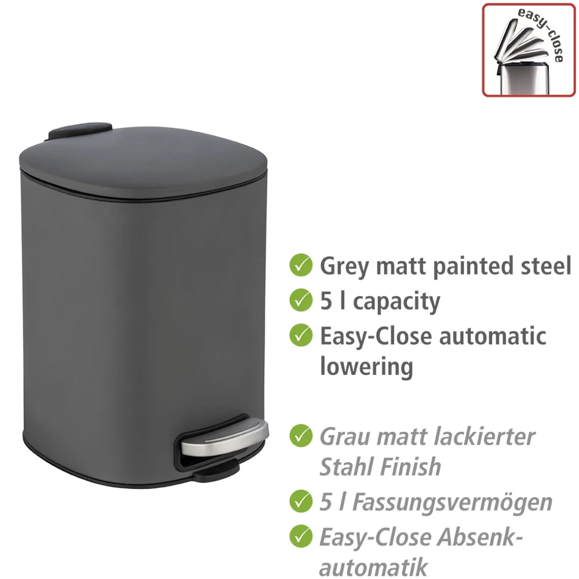 Wenko Treteimer Alassio Grau 5 L Easy-Close Absenkautomtik