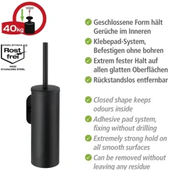 Wenko Turbo-Loc Edelstahl WC-Garnitur Orea Black Matt geschlossen WC-Bürstenhalter Befestigen ohne bohren