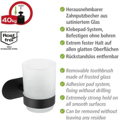 Wenko Turbo-Loc Edelstahl Zahnputzbecherhalter Uno Orea Black Matt Zahnbürstenhalter Befestigen ohne bohren